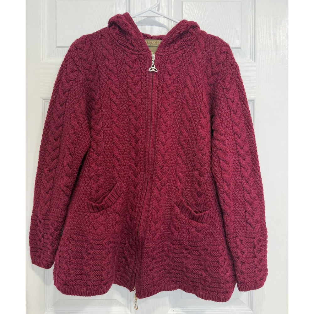 Inis Crafts Ireland 100% Merino Wool Aran Cable Knit Hooded Cardigan Womens L